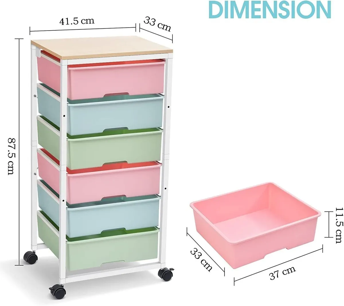 6 Drawer Rolling Storage Cart Wooden Top Wheels - Image 2