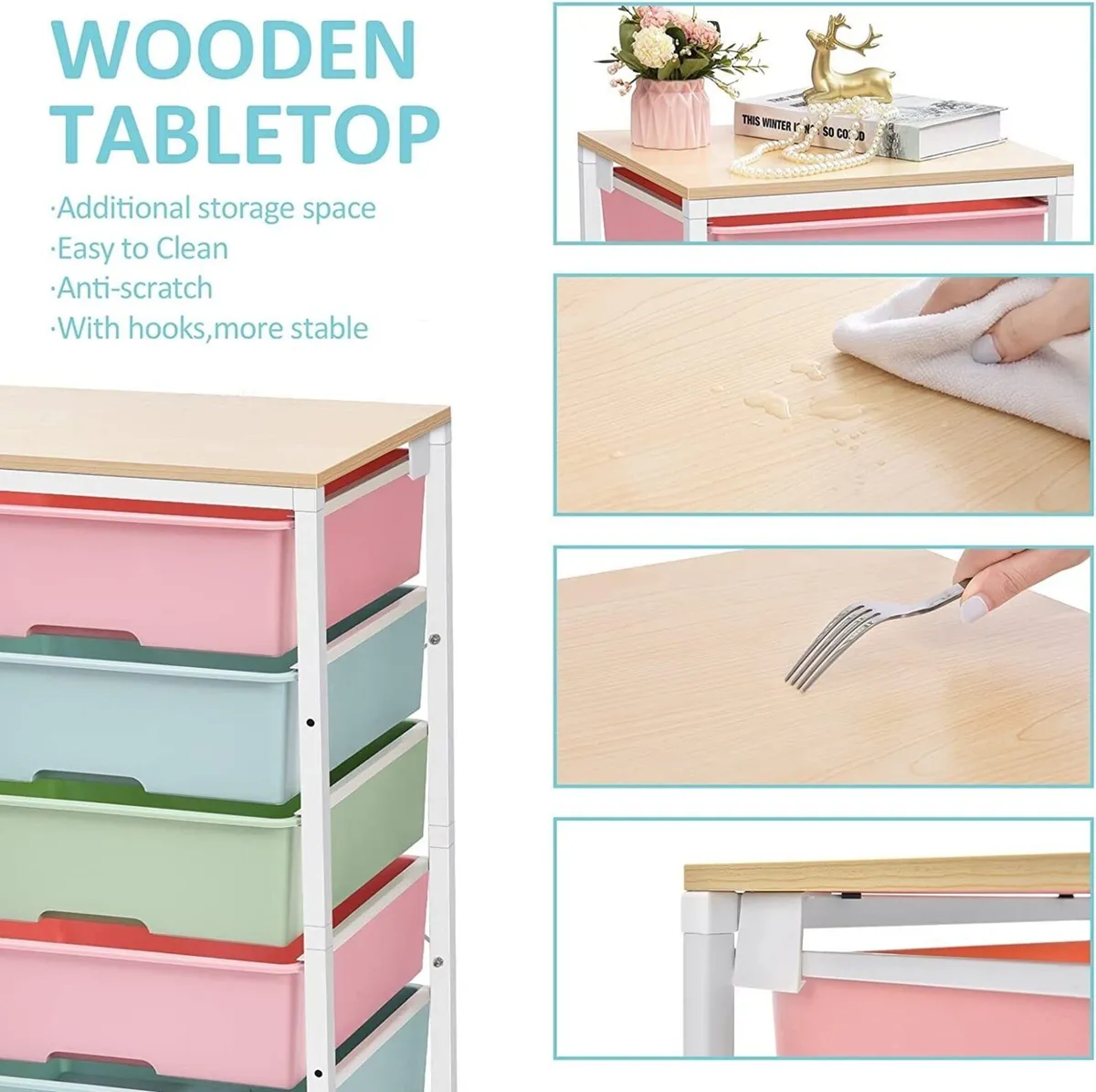 6 Drawer Rolling Storage Cart Wooden Top Wheels - Image 3