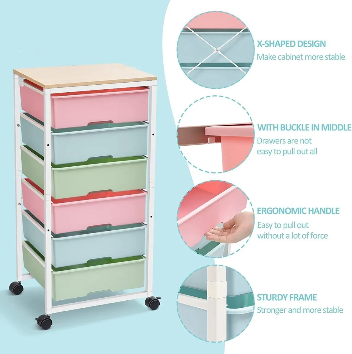 6 Drawer Rolling Storage Cart Wooden Top Wheels - Image 4