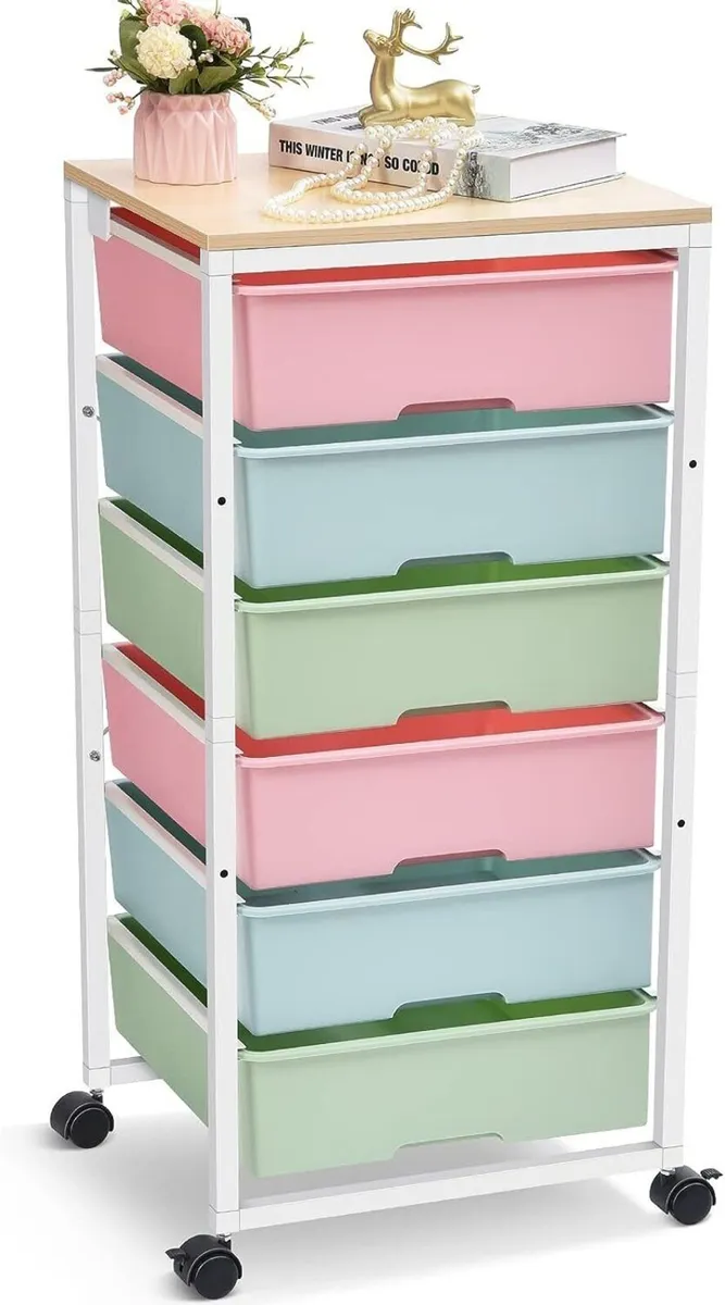 6 Drawer Rolling Storage Cart Wooden Top Wheels - Image 1