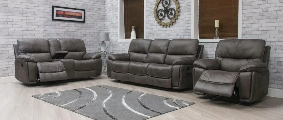 Oxford Grey & Brown Suede Fabric Recliner Sofa - Image 1