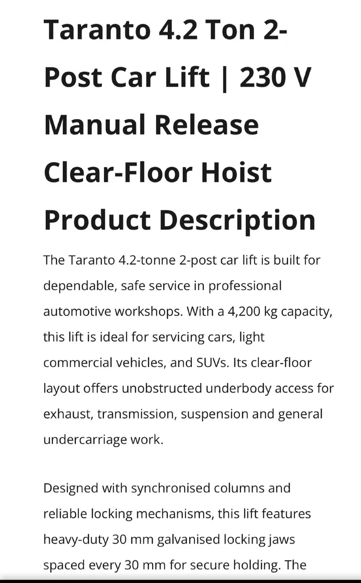 Taranto 4.2 Ton Two Post car lift - Image 3