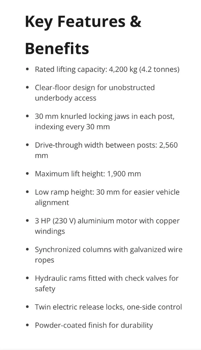 Taranto 4.2 Ton Two Post car lift - Image 4
