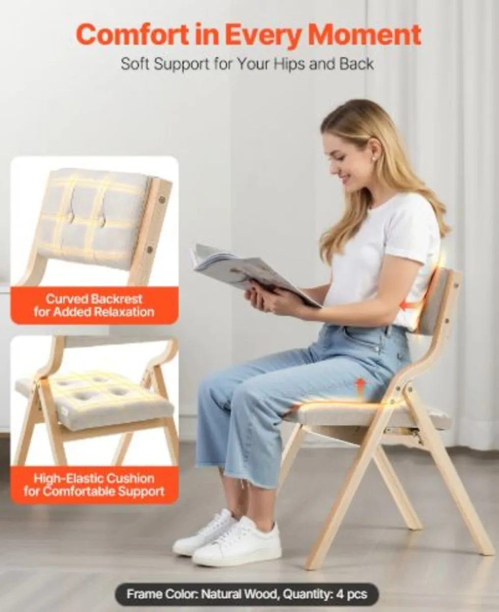 Wooden Folding Chairs with Cushion, Set of 4, - Image 2