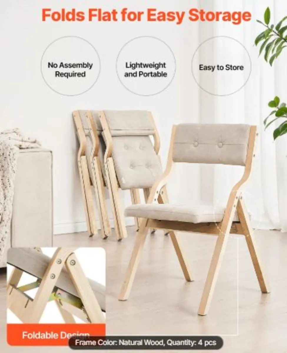 Wooden Folding Chairs with Cushion, Set of 4, - Image 3