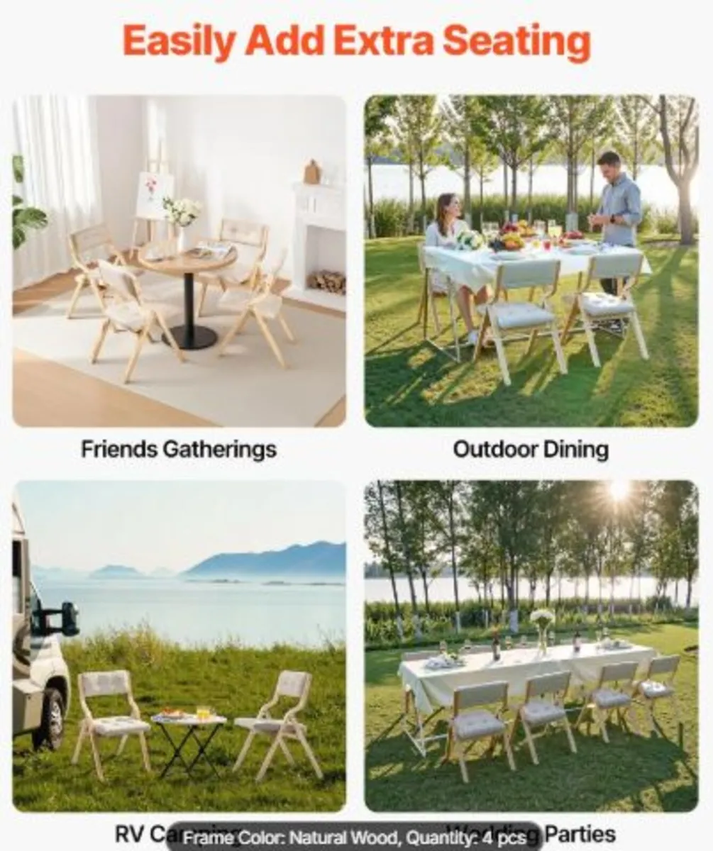 Wooden Folding Chairs with Cushion, Set of 4, - Image 4