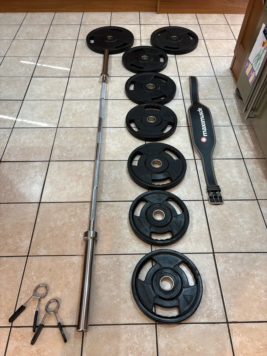 HOGH END URETHANE OLYMPIC WEIGHTS + 7 FOOT BARBELL - Image 1