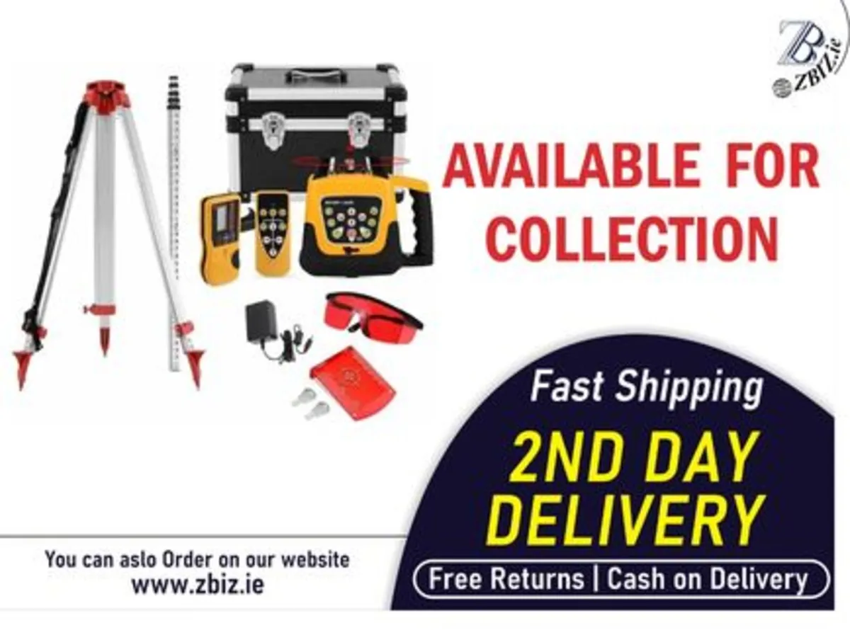 Red Rotary Laser Level Kit with Staff and Tripod - Image 1