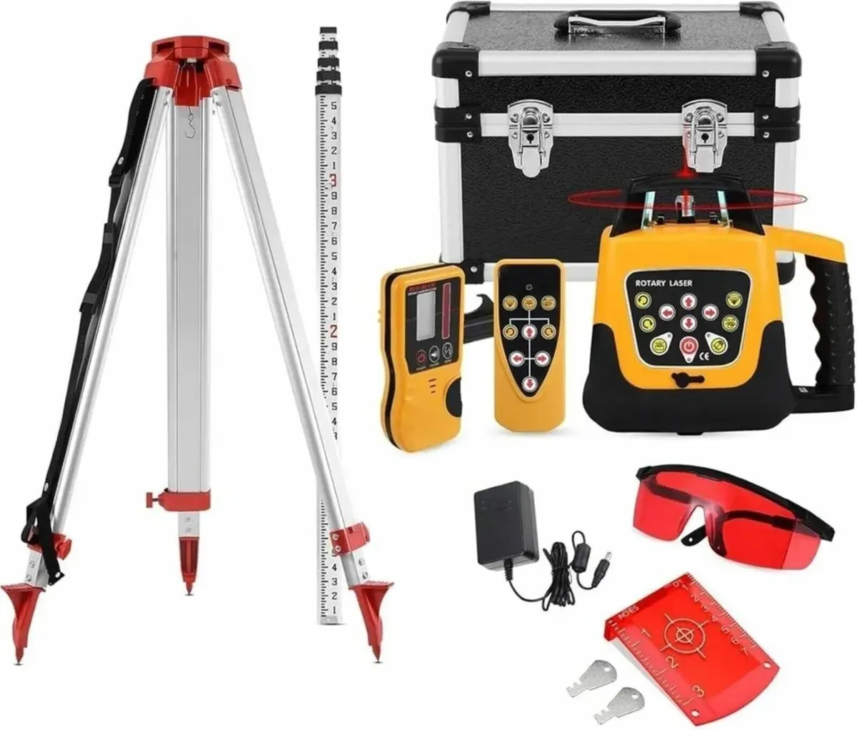 Red Rotary Laser Level Kit with Staff and Tripod - Image 2