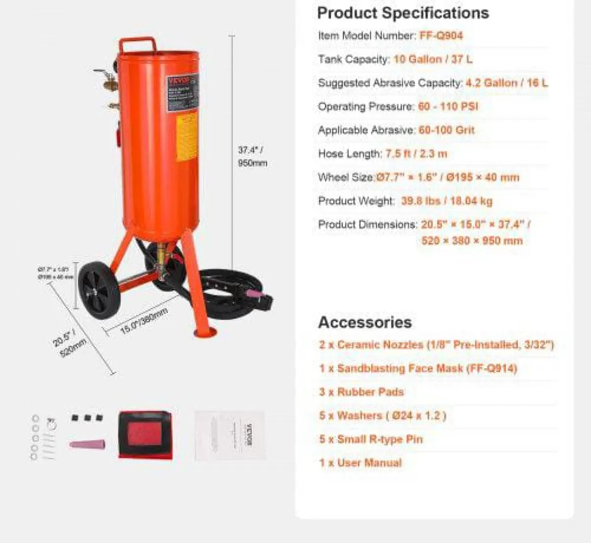 37.9 L Heavy-Duty Sand Blaster 60-110 PSI with 2 N - Image 2