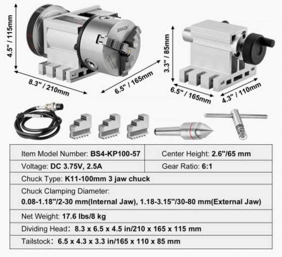 Dividing Head, K11-100mm 3-Jaw Chuck, CNC Router M - Image 4