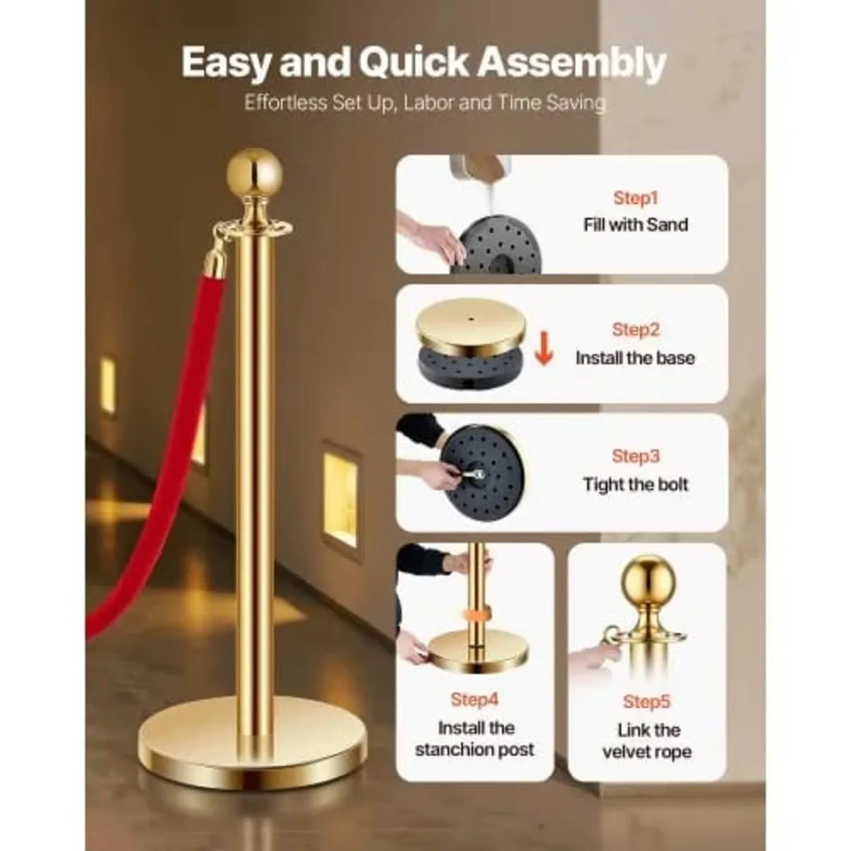 Stanchions and Velvet Ropes 6Pcs, Hollow Base with - Image 4