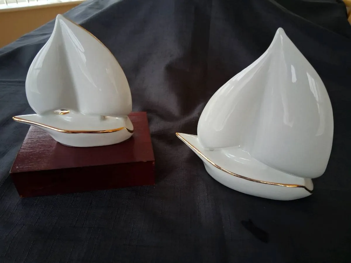 2 Ceramic Porcelain Sailing Boat Ornaments - Image 2