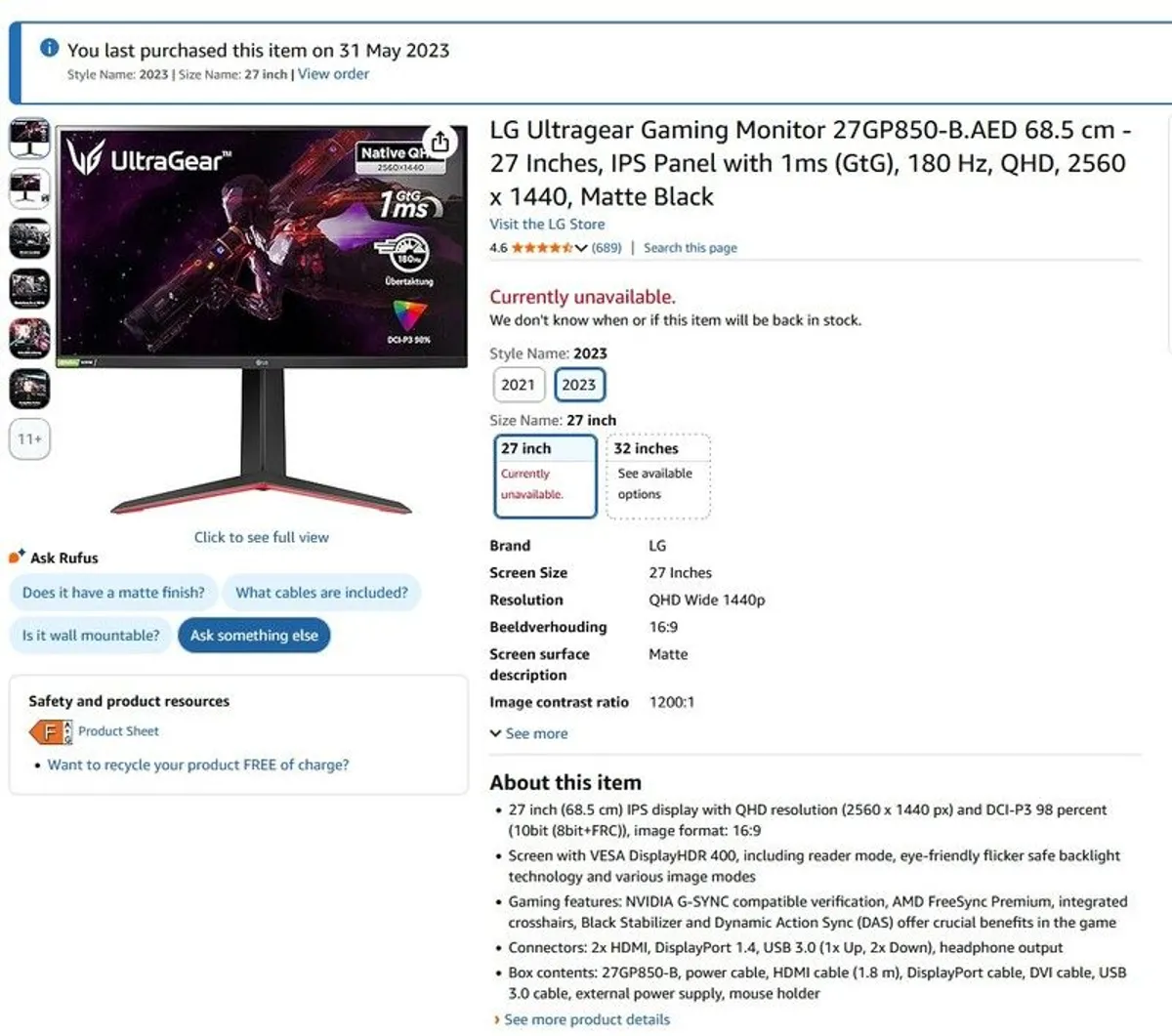 Gaming monitor LG 27inch 1ms 180Hz - Image 2