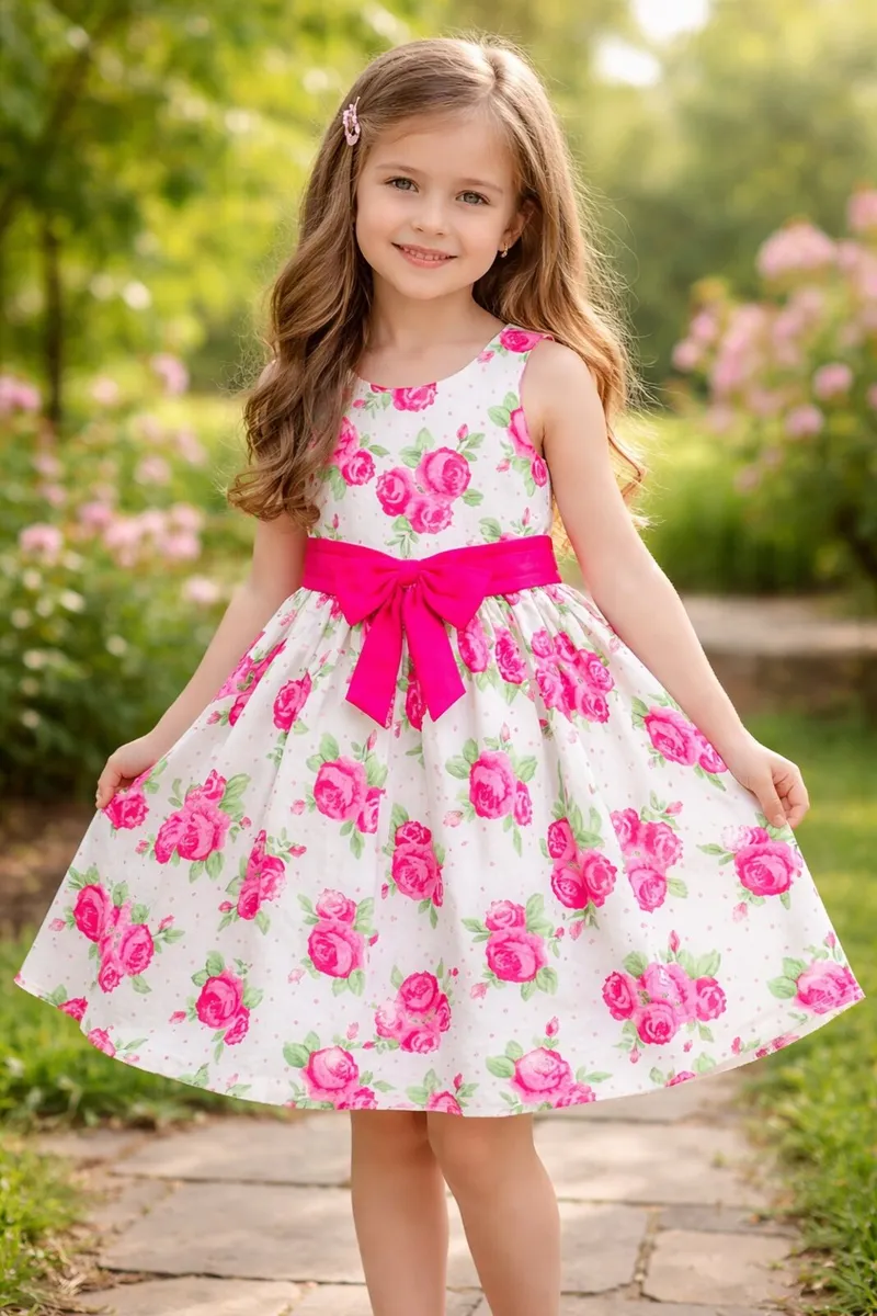 Girls Pink and White Floral Party Dress: Age 8 - Image 1