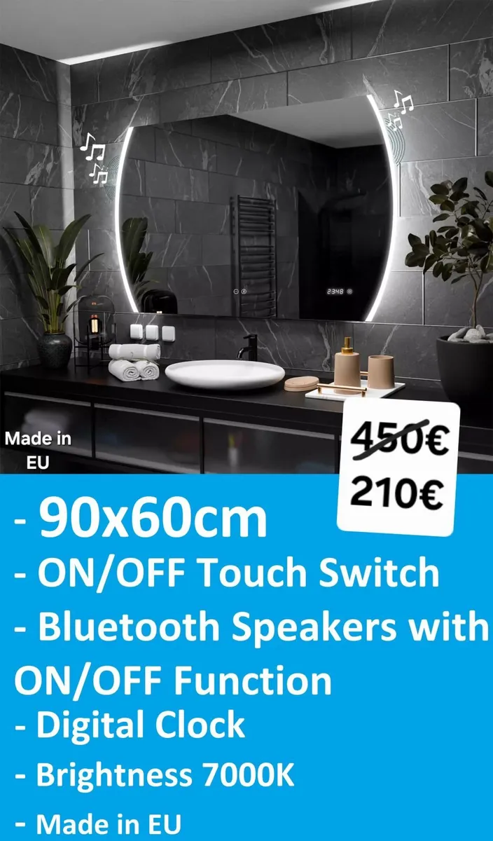 LED Bathroom Mirror Bluetooth Speakers Clock - Image 1