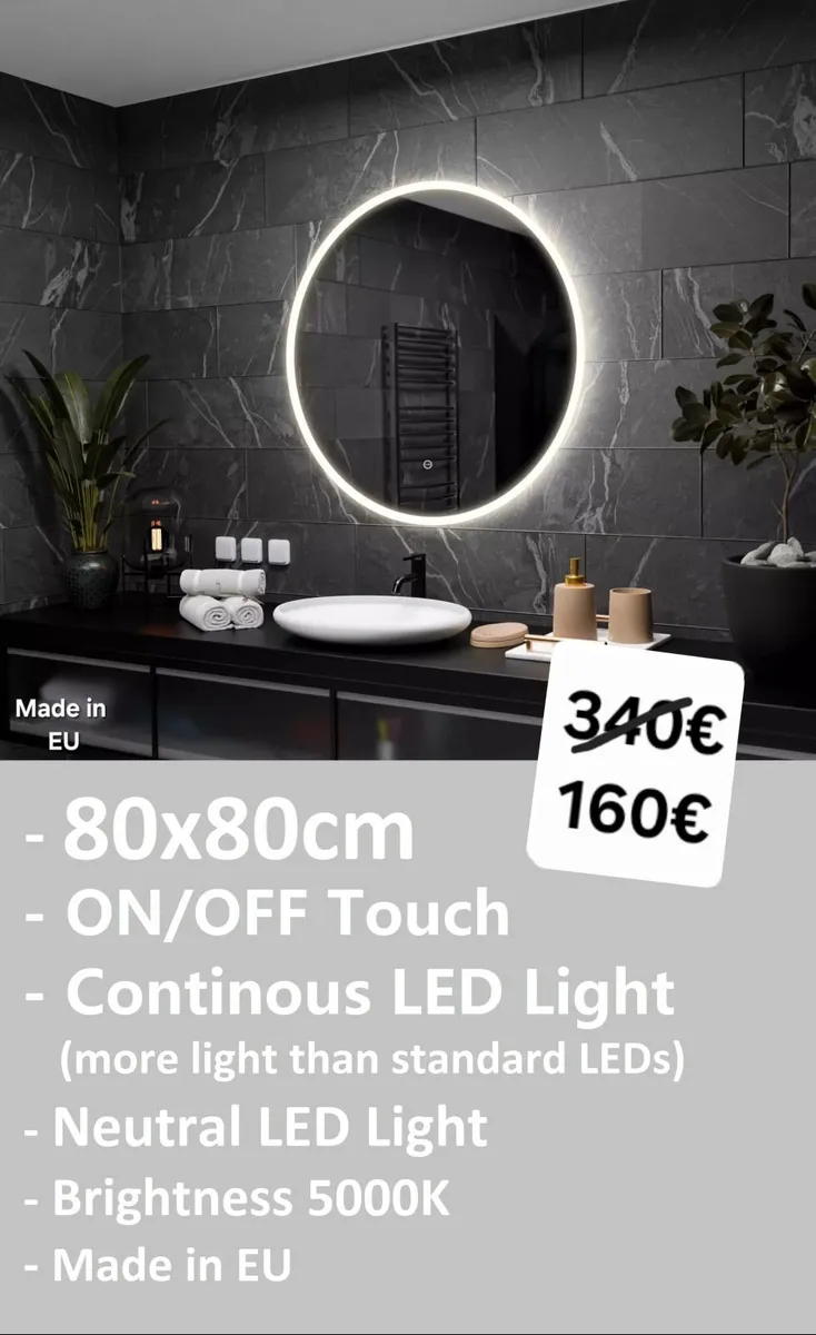 LED Bathroom Mirror Round 80cm Touch Makeup - Image 1