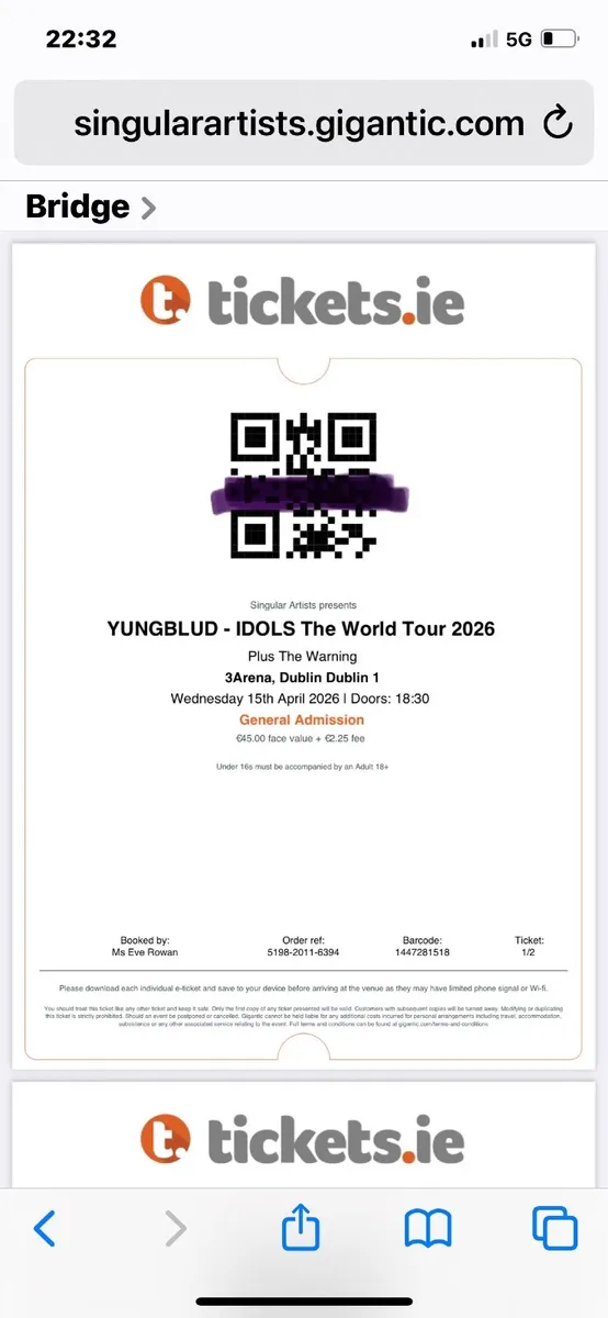 Tickets x 2 Yungblud 3 Arena Dublin 15 April