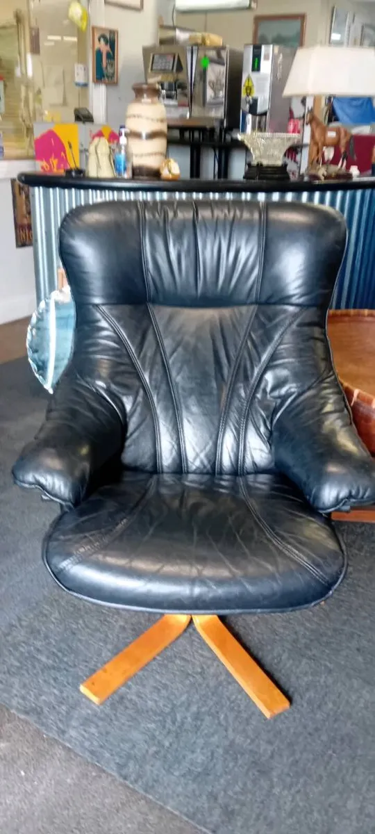 Black Real Leather Swivel Recline Armchair - Image 2