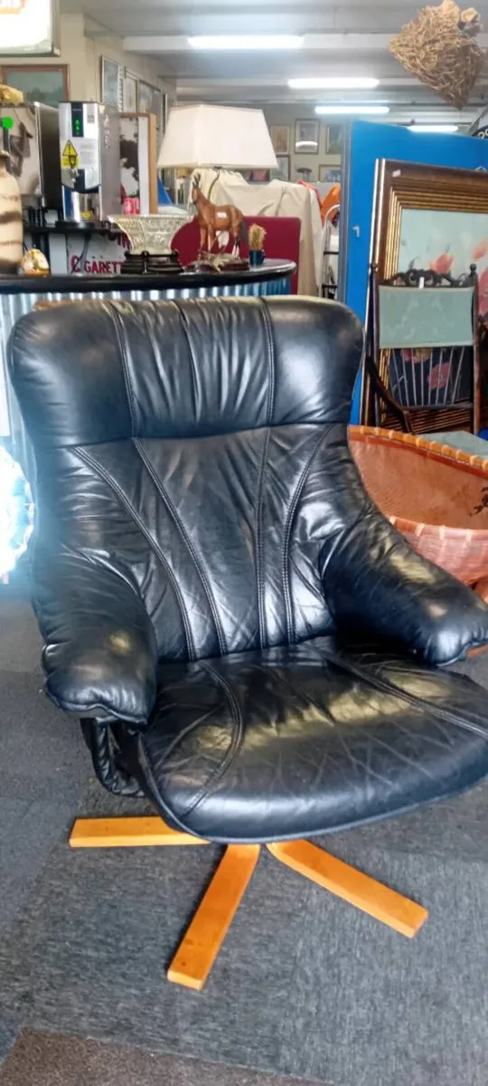 Black Real Leather Swivel Recline Armchair - Image 1
