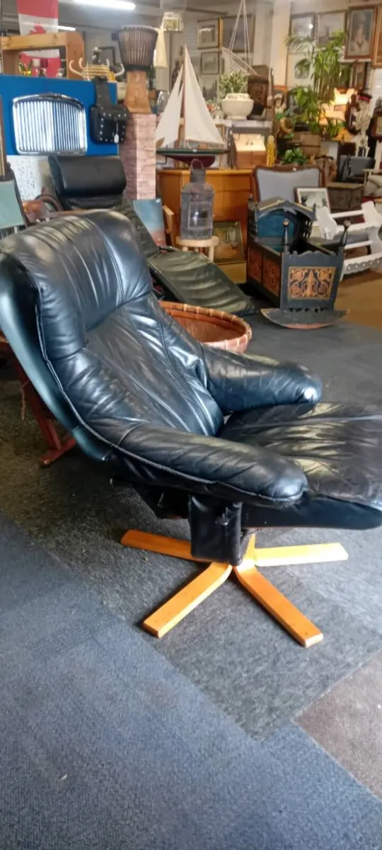 Black Real Leather Swivel Recline Armchair - Image 4