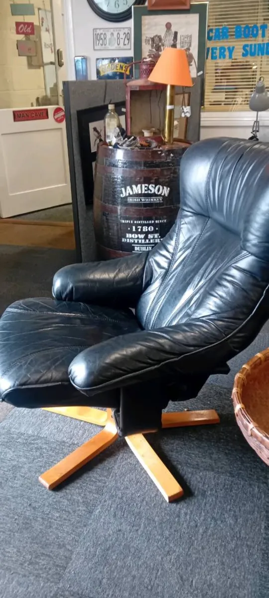 Black Real Leather Swivel Recline Armchair - Image 3
