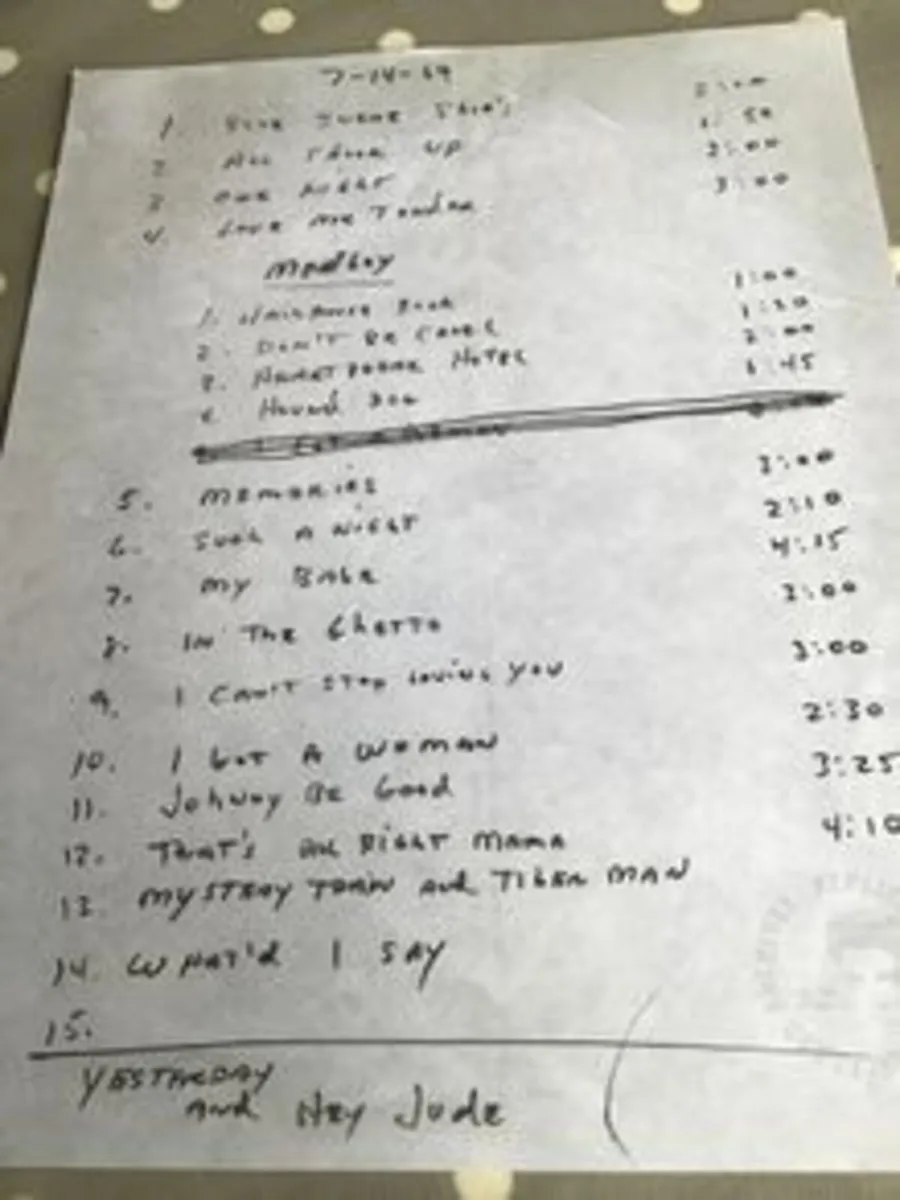 Elvis Memorabilia - Set list from Elvis Concert