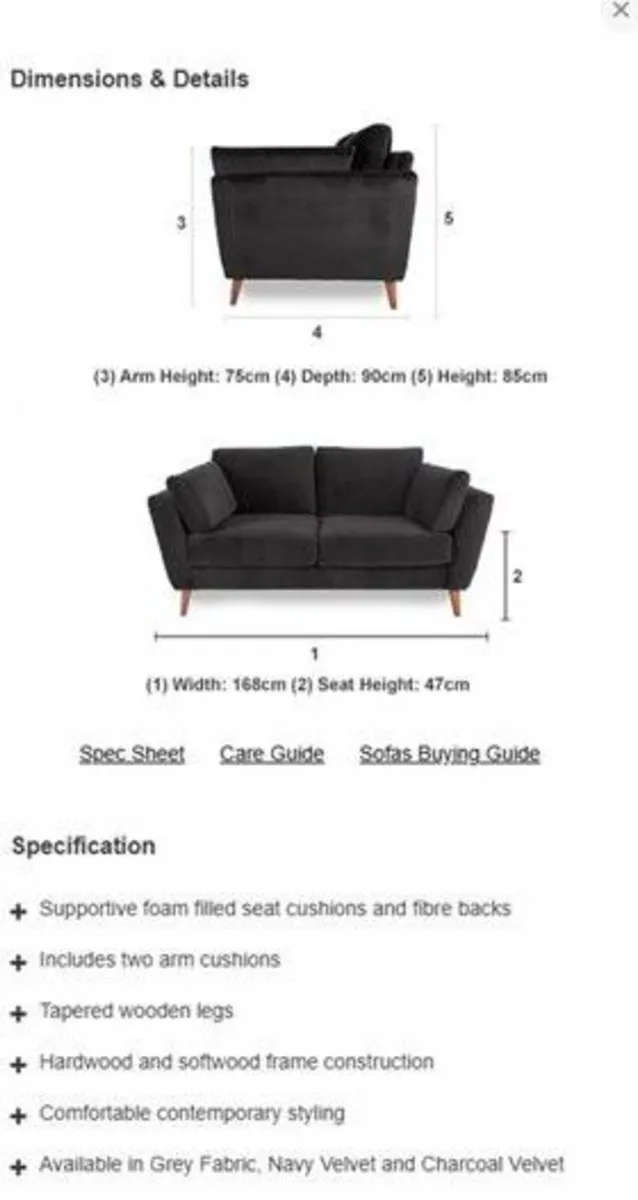 Kendal Charcoal Velvet 2-Seater Sofa - Image 2