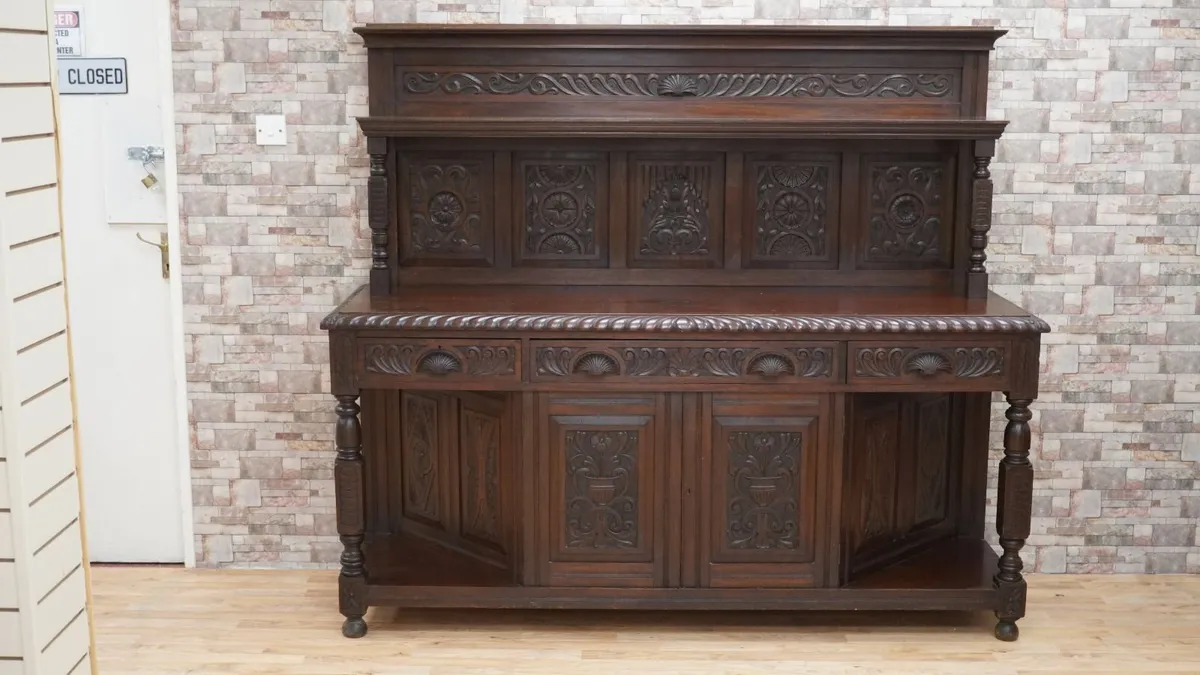 Victorian Irish Carved Oak Court Cupboard - Image 2