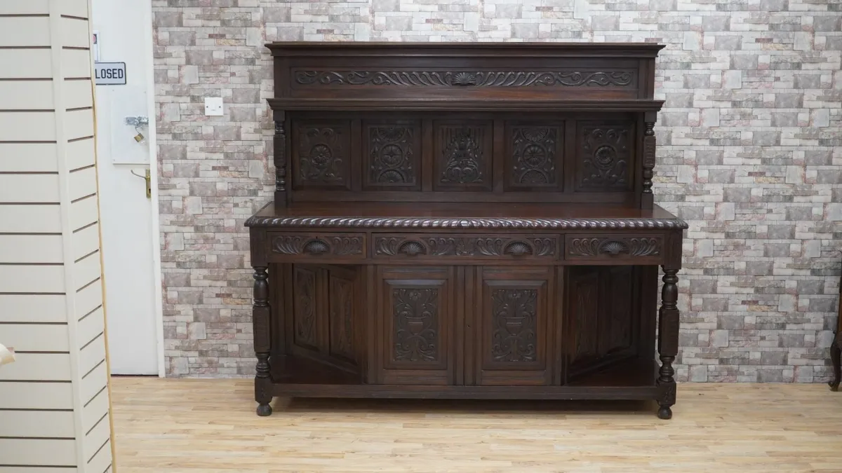 Victorian Irish Carved Oak Court Cupboard - Image 1