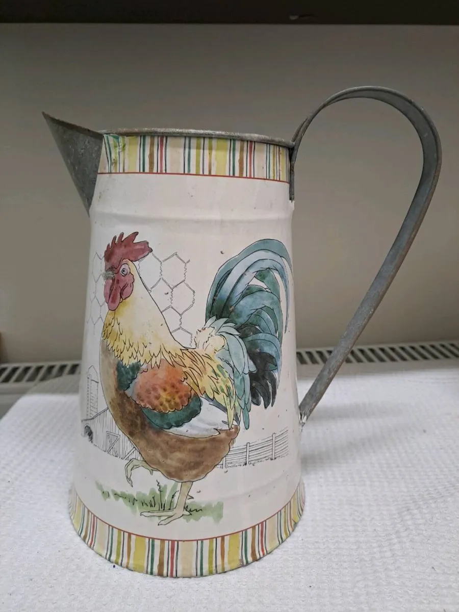 Rustic Enamel Jug with Rooster Design - Image 1