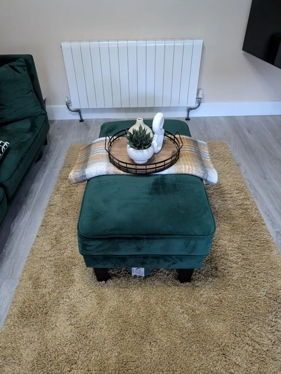 2 Year old Stylish Green Velvet Sofa Set with Footstool in  Excellent Condition - Image 1
