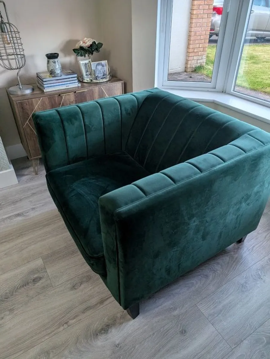 2 Year old Stylish Green Velvet Sofa Set with Footstool in  Excellent Condition - Image 2