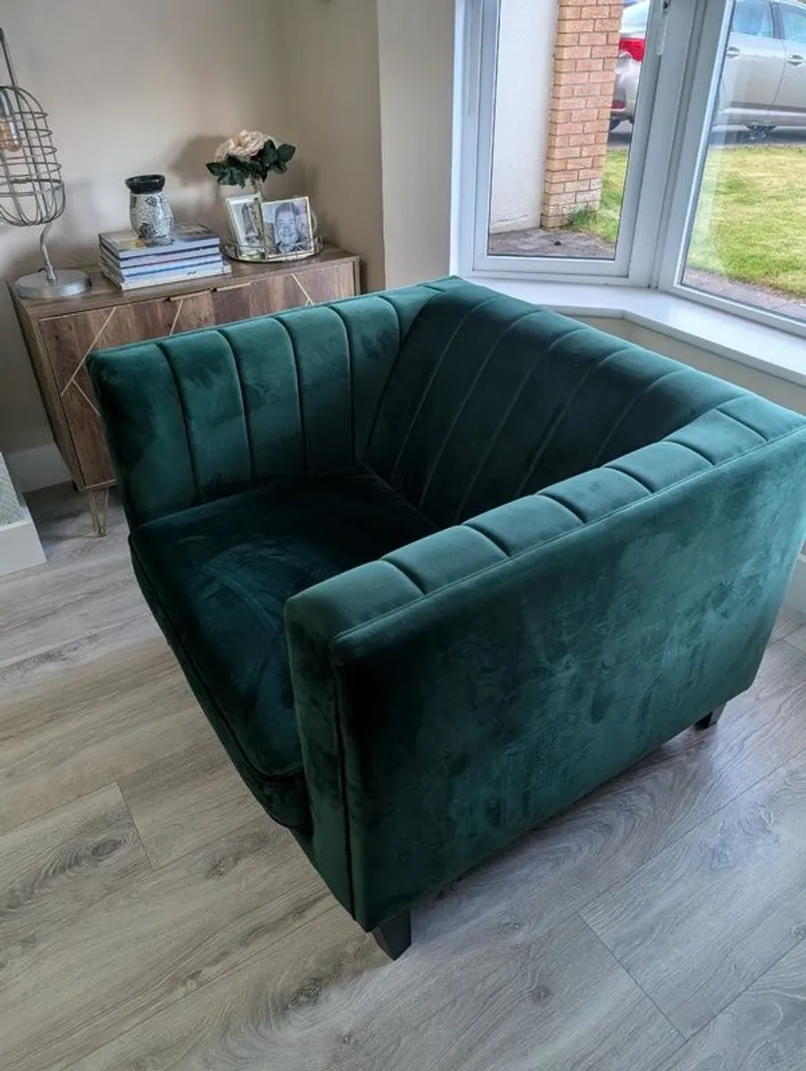 2 Year old Stylish Green Velvet Sofa Set with Footstool in  Excellent Condition - Image 3