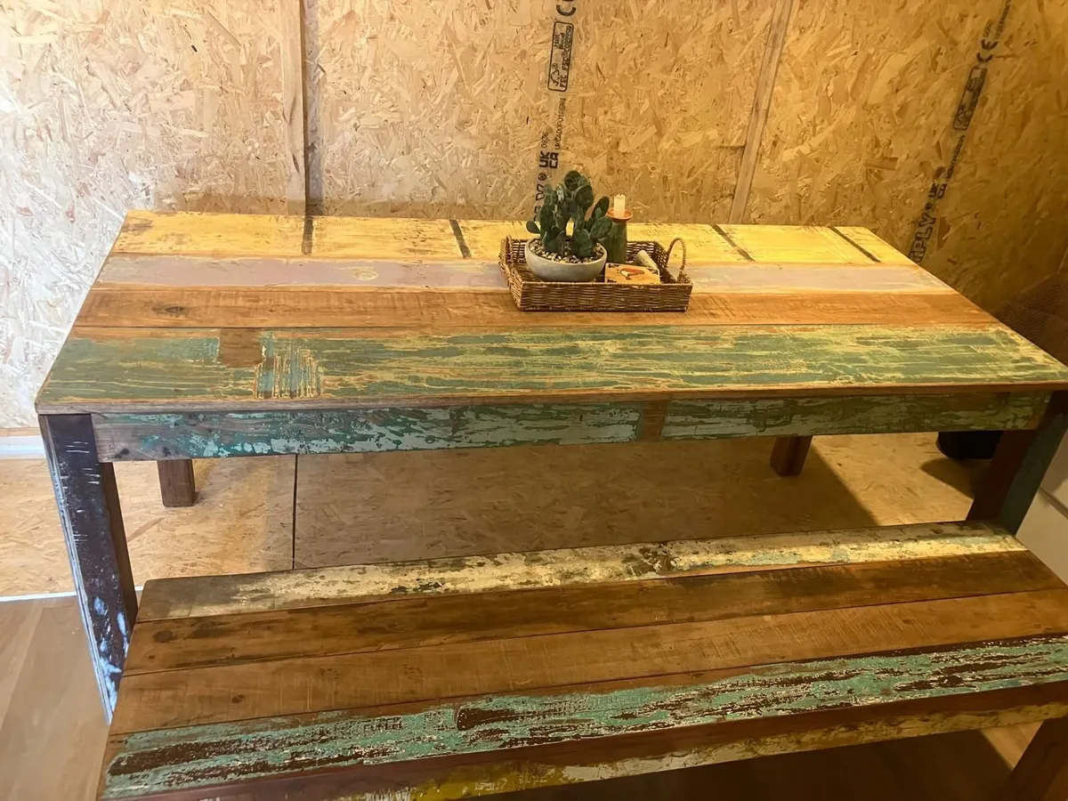 Reclaimed Wood Dining Table & Bench – Like New - Image 1
