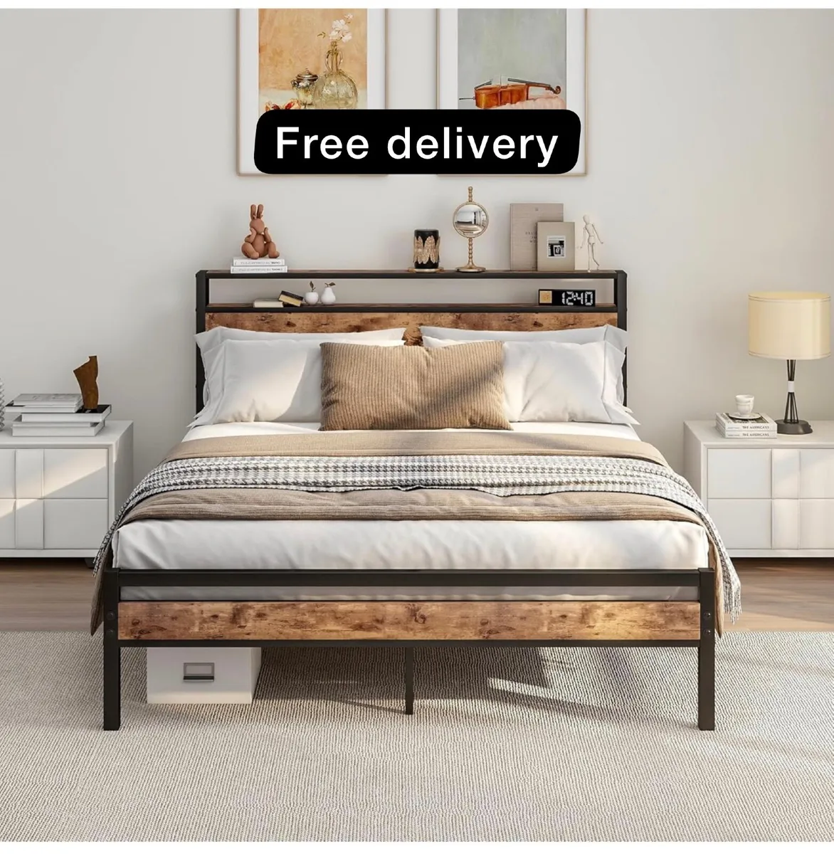 King Size Bed Frame with Storage Wooden Headboard - Image 1