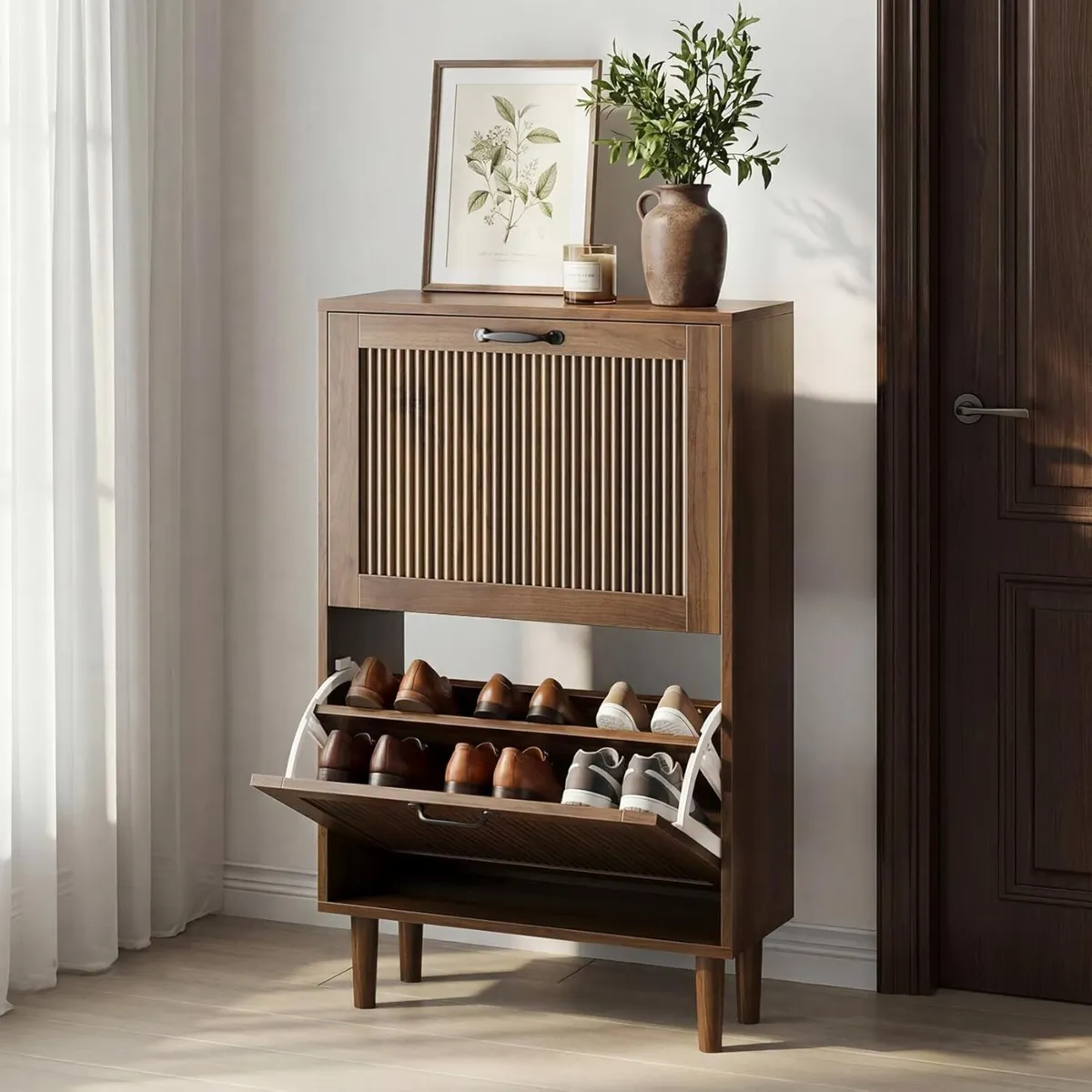 2-Tier Drawer Shoe Cabinet Wooden Storage with - Image 1