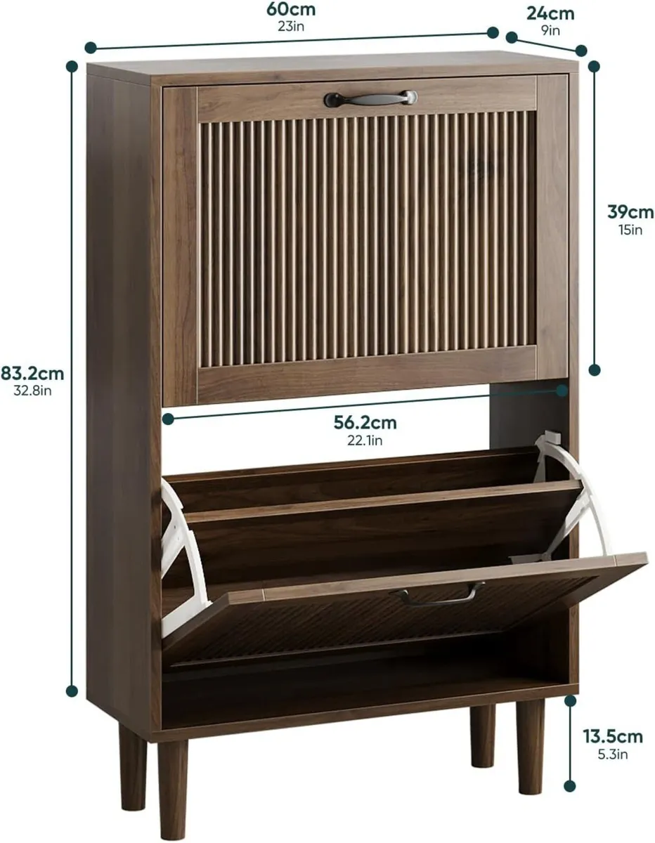 2-Tier Drawer Shoe Cabinet Wooden Storage with - Image 2