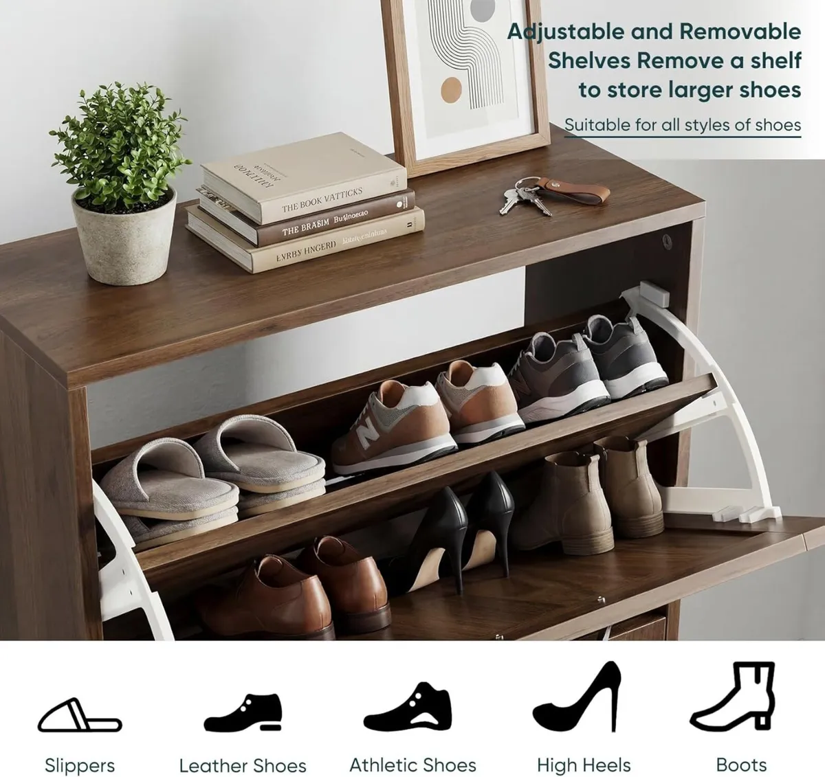 2-Tier Drawer Shoe Cabinet Wooden Storage with - Image 4