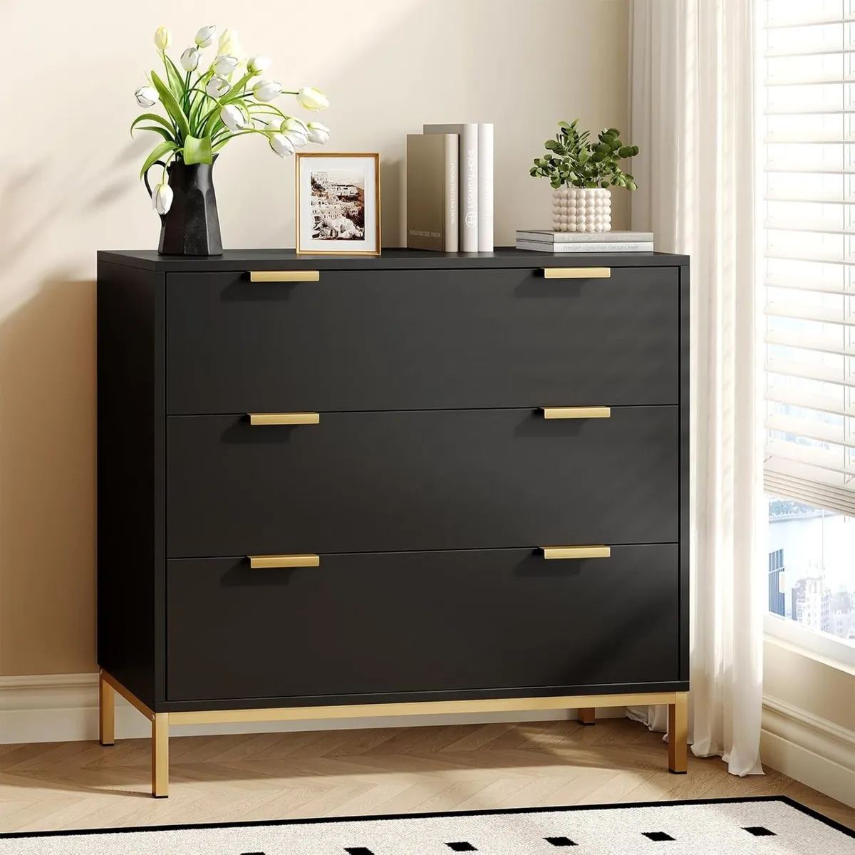 Black Chest of Drawers Bedroom Wooden 3 Dresser - Image 4