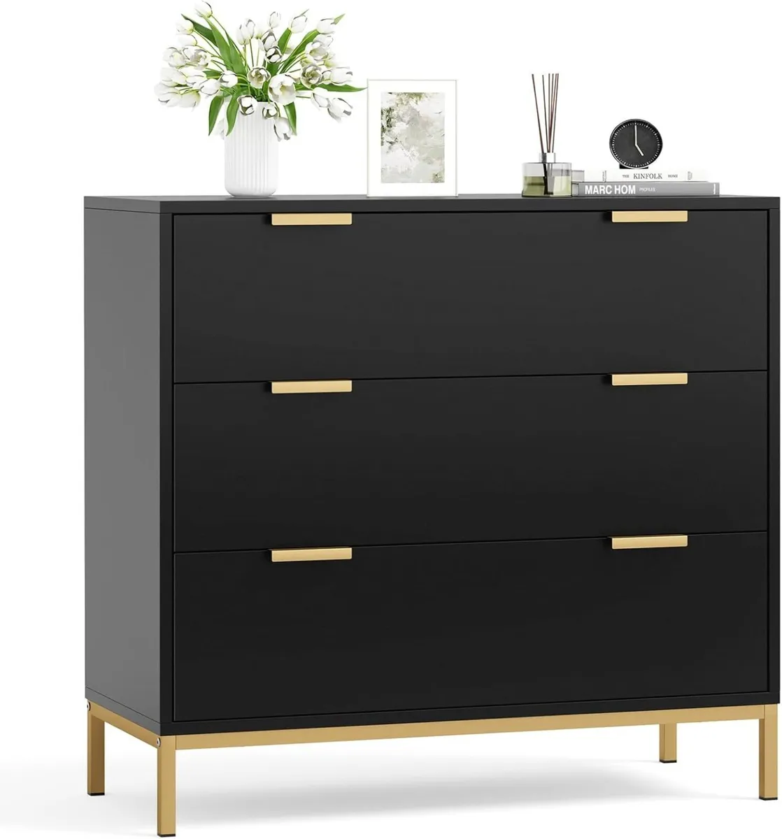 Black Chest of Drawers Bedroom Wooden 3 Dresser - Image 1