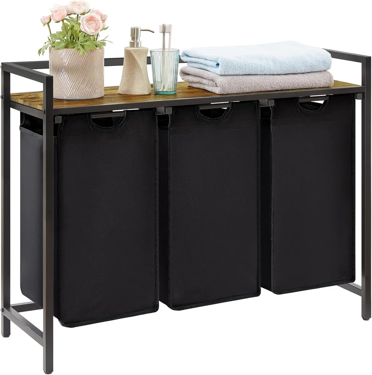 3 Sections Laundry Hamper 120L Basket with Shelf - Image 1