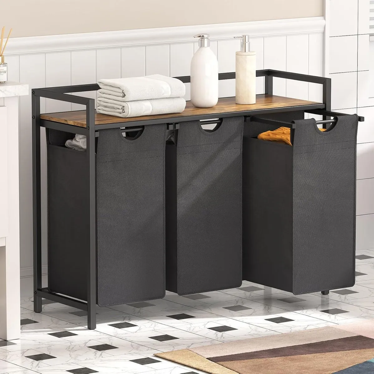 3 Sections Laundry Hamper 120L Basket with Shelf - Image 2