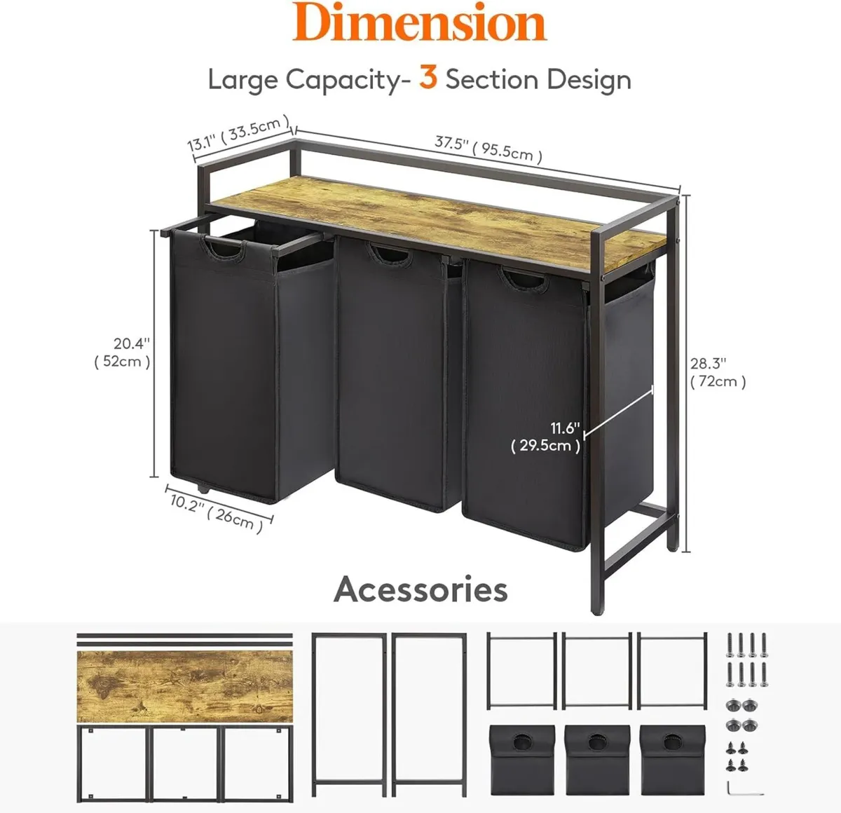 3 Sections Laundry Hamper 120L Basket with Shelf - Image 3