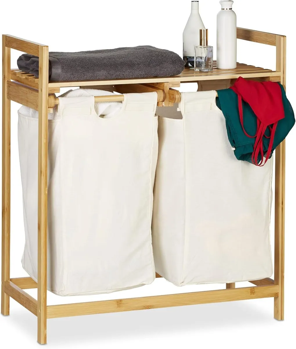 Bamboo Laundry Hamper Clothes Sorter with Shelf 2 - Image 1