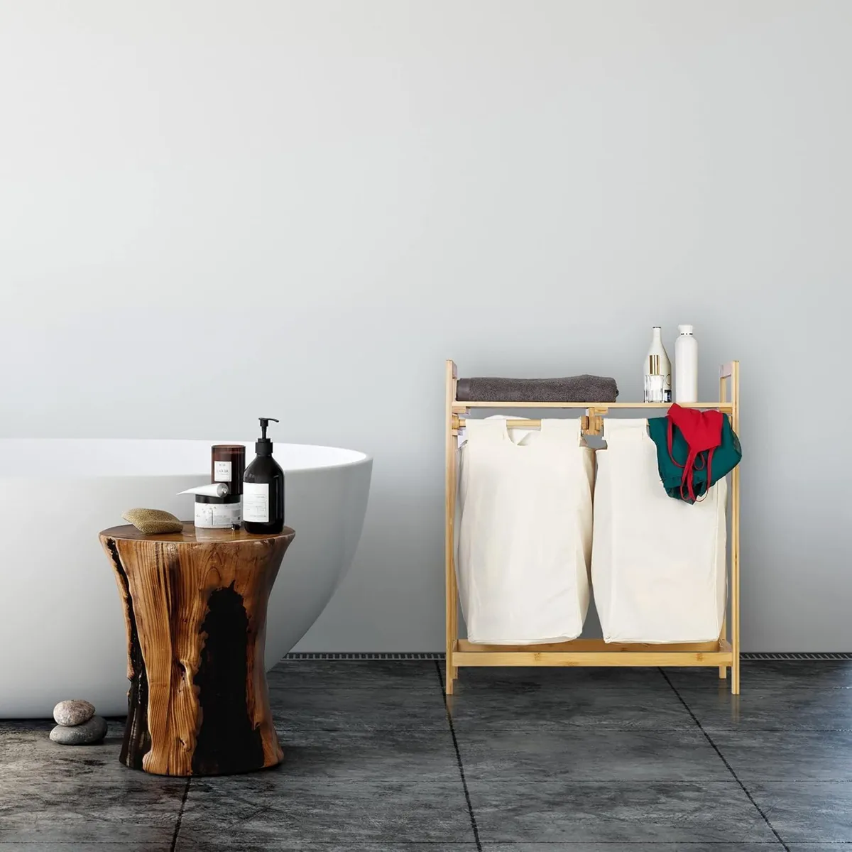 Bamboo Laundry Hamper Clothes Sorter with Shelf 2 - Image 2