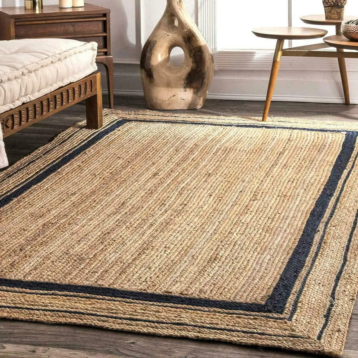 Hand Braided Jute Rug Natural with Black Line - Image 1