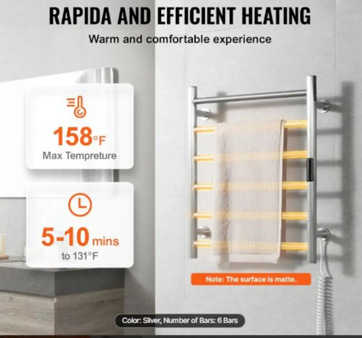 6 Bars Towel Warmer Rack, Wall Mounted Heated - Image 2