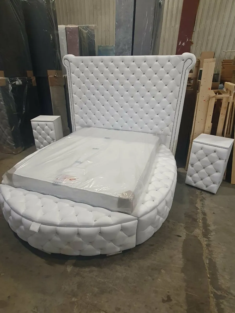White Tufted Bed w/ Side Storage + Nightstands - Image 2