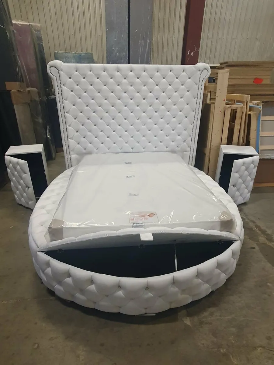 White Tufted Bed w/ Side Storage + Nightstands - Image 1